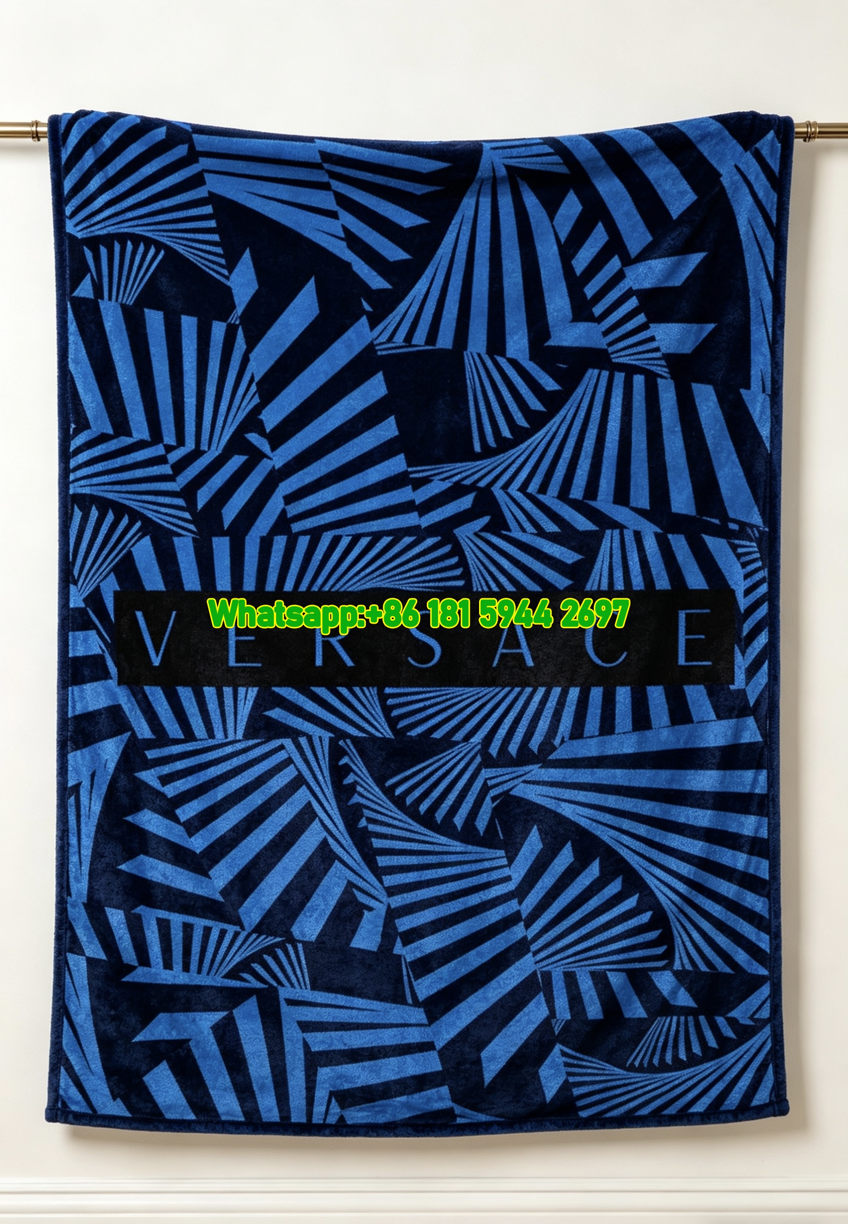 Navy Blue and Black Versace Geometric Pattern Fleece Throw Blanket IMG_1371